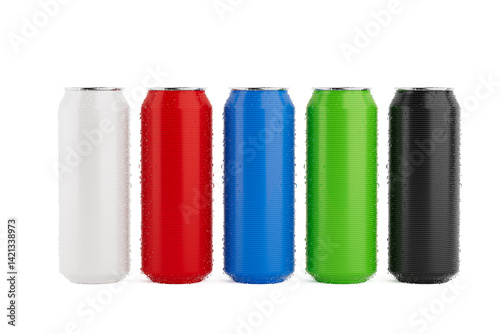 Row of Color 330ml Clean Aluminum Beverage Drink Soda Sleek Cans with Water Drops. 3d Rendering photo
