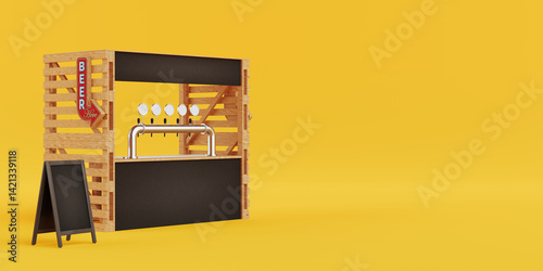 Fototapeta Naklejka Na Ścianę i Meble -  Rustic Vibe Inviting Street Bar Setup. Wooden Beer Booth with Metal Taps and Blank Signage. 3d Rendering