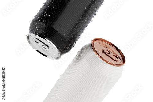 Black and White 330ml Clean Aluminum Beverage Drink Soda Sleek Cans with Water Drops. 3d Rendering photo