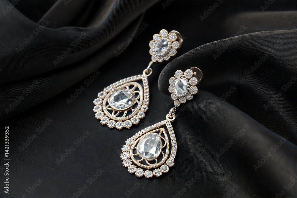Fototapeta premium Women’s elegant gemstone earrings against a black background, captured with high clarity (Diamond)