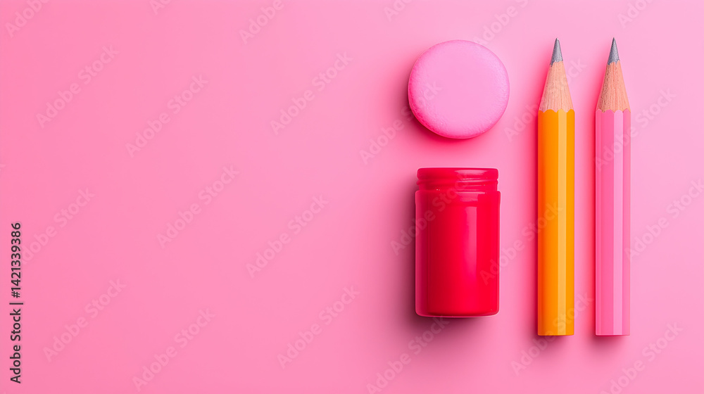 Pink and Yellow Pencils with Red Sharpener and Eraser on Pink Background Pink and Yellow Pencils with Red Sharpener and Eraser on Pink Background