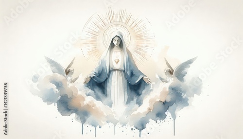 Watercolor painting of virgin mary with angels in heaven religious art illustration