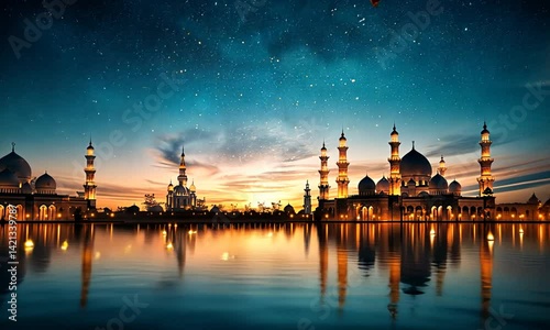Stunning Night View of a Beautiful Mosque Above Calm Ocean Waters