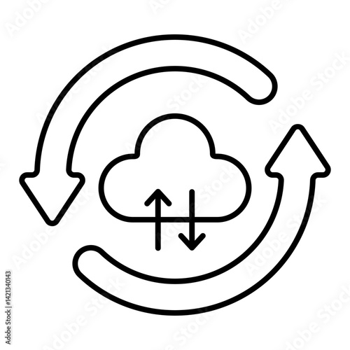 Circular arrows with cloud thin line icon, data sharing concept. Vector graphics. Cloud storage, sync sign on white background, linear style for mobile or design.