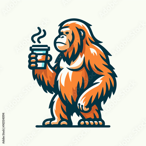 Orangutan with Coffee: An orangutan, a primate, holds a cup of coffee. This illustration captures a touch of humor with animal in relaxed mode, sipping coffee 