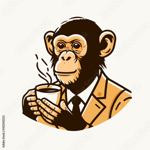 Chimpanzee in a Suit with Coffee: A stylish chimpanzee, dressed impeccably in a tailored suit and tie, takes a moment of calm with a steaming cup of coffee.