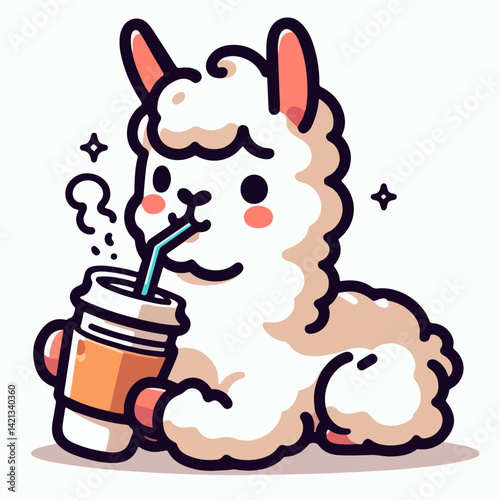 Caffeine Break: A cute alpaca sips a beverage, showcasing the delightful contrast between adorable fauna and modern comfort.