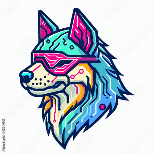 Cyberpunk Wolf Head: A stylized illustration of a wolf's head, infused with vibrant cyberpunk aesthetics. Circuitry patterns and futuristic eyewear add a unique, edgy touch.
