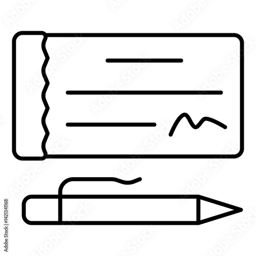 Checkbook bill and pen thin line icon, bank account concept. Vector graphics. Financial check with signature, money sign on white background, linear style for mobile or design.