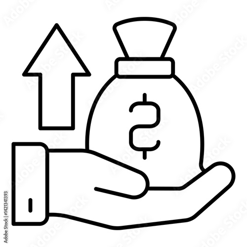 Money bag with arrow on hand thin line icon, bank account concept. Vector graphics. Deposit portfolio growth, profit sign on white background, linear style for mobile or design.