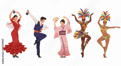 Diverse dancers expressing joy in vibrant traditional outfits  