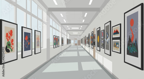Gallery corridor with framed art displays in a modern style  