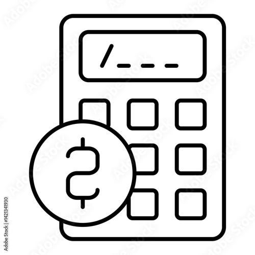 Calculator with dollar coin thin line icon, finance and accounting concept. Vector graphics. Counting money, tool sign on white background, linear style for mobile or design.