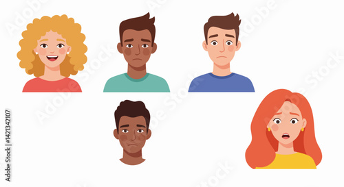 Diverse Characters Displaying Various Emotions on White Background  