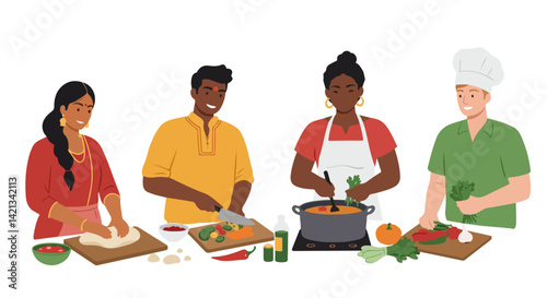 Group of friends cooking together in a colorful kitchen  