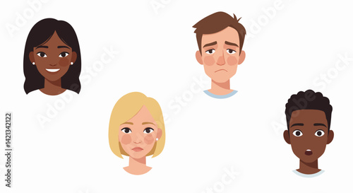 Diverse cartoon faces expressing various emotions on white background  