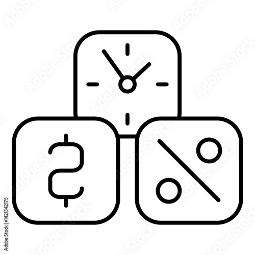 Letter, percent, clock cubes thin line icon, bank and finance concept. Vector graphics. Three cubes, boxes sign on white background, linear style for mobile or design.