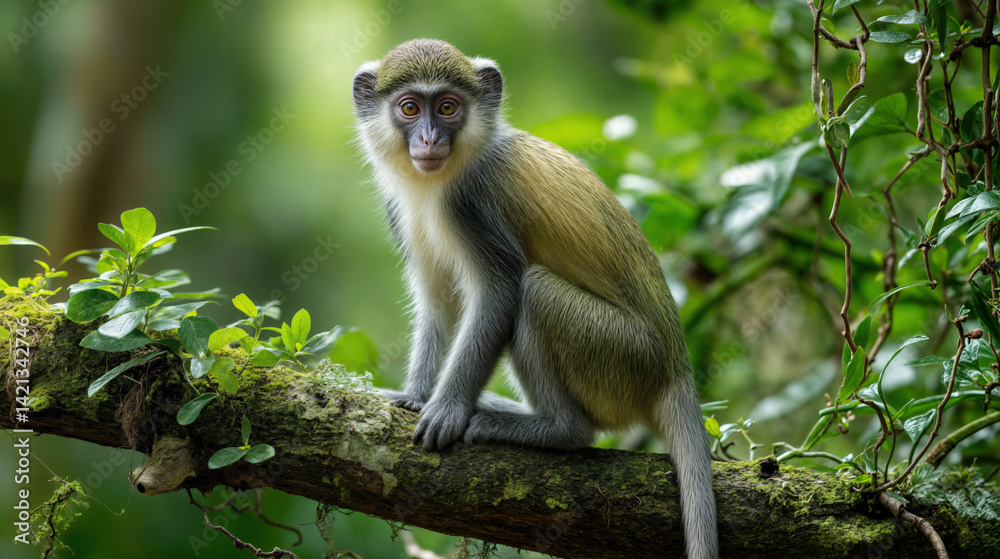 A talapoin monkey Miopithecus sitting on a moss-covered tree branch in a lush green forest, surrounded by dense foliage and soft light, showcasing its small size and natural habitat. A talapoin monkey Miopithecus sitting on a moss-covered tree branch in a lush green forest, surrounded by dense foliage and soft light, showcasing its small size and natural habitat.