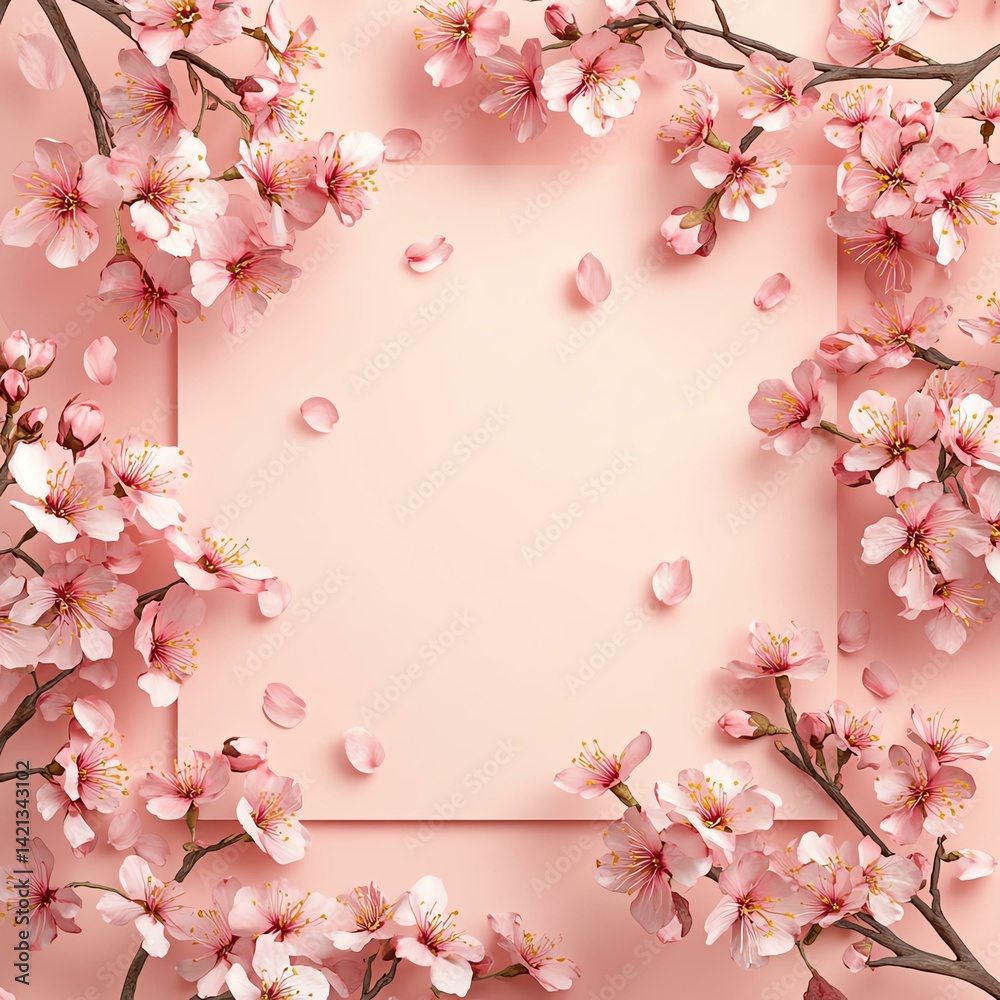 Fototapeta premium Japanese blossom stationery, pink cherry blossoms with a soft background, modern Hanami floral design