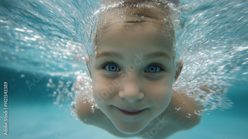 Obraz na płótnie Boy practicing swimming strokes underwater while smiling and enjoying the moment in a bright blue pool during afternoon w salonie