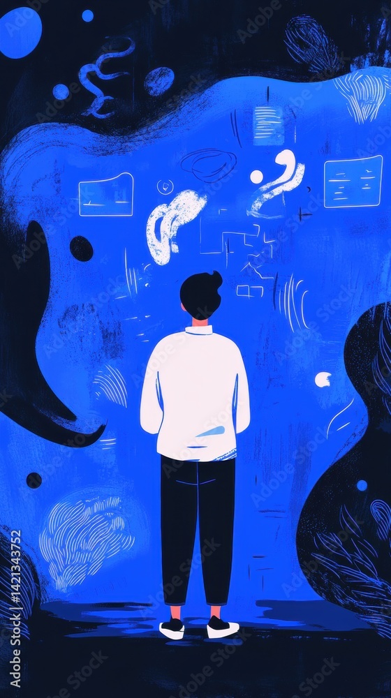 Obraz premium A person standing in front of a wall with various symbols and diagrams