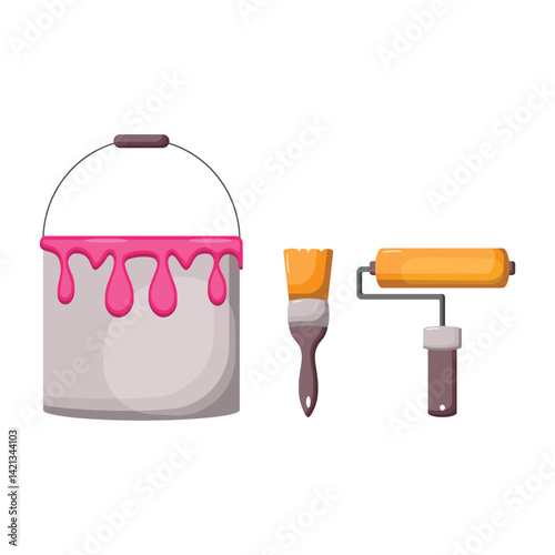 A vector set consisting of a gray metal jar with pink paint, a paintbrush and a paint roller. Elements of tools for the artist.