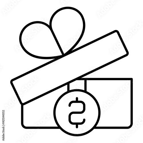 Gift box with dollar coin thin line icon, finance concept. Vector graphics. Box with bow and money coin, present sign on white background, linear style for mobile or design.