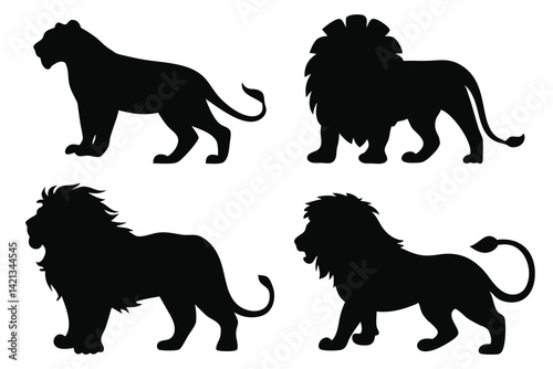 Lions silhouettes set isolated flat vector illustration on white background.
