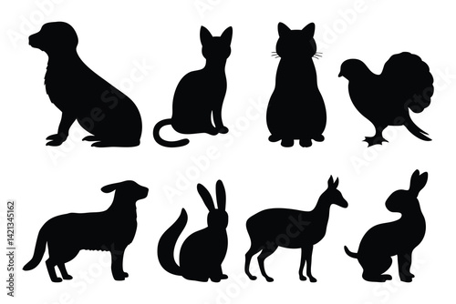 Pet animal silhouettes set isolated flat vector illustration on white background