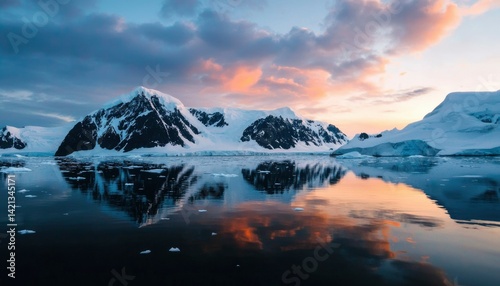 Majestic ice mountains, sunset reflection