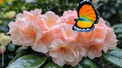 Wallpaper Mural Peach Rhododendron with Butterfly: A vibrant orange and teal butterfly delicately rests on a cluster of soft peach rhododendron blossoms. Torontodigital.ca