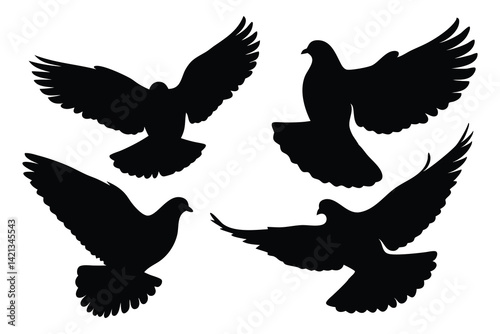 Pigeons flying bird silhouettes set Vector illustration on white background.