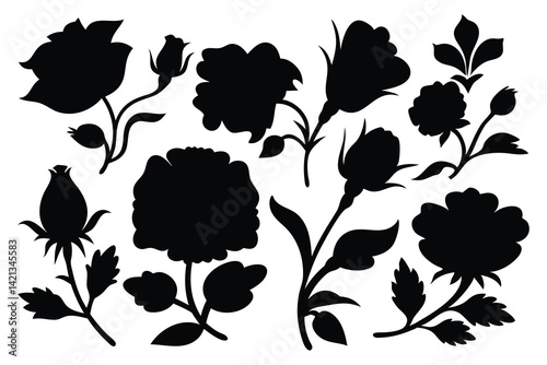  Rose flower silhouettes set Vector illustration on white background