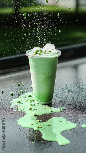 vibrant green beverage spills from clear cup, creating splash on reflective surface. drink is topped with ice and garnished with small green pieces, evoking refreshing and playful atmosphere