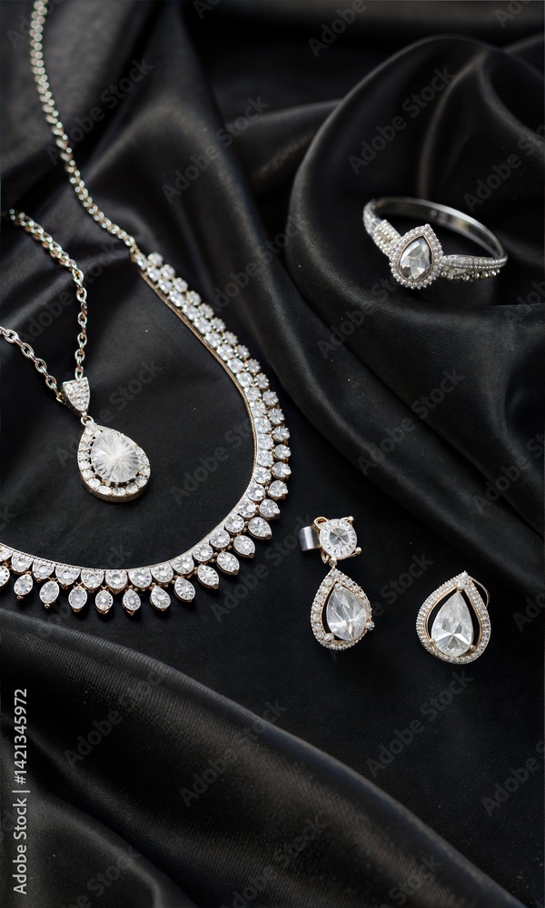 Close-up of an exquisite diamond jewelry set, presented on a black velvet cloth. (Diamond) Close-up of an exquisite diamond jewelry set, presented on a black velvet cloth. (Diamond)