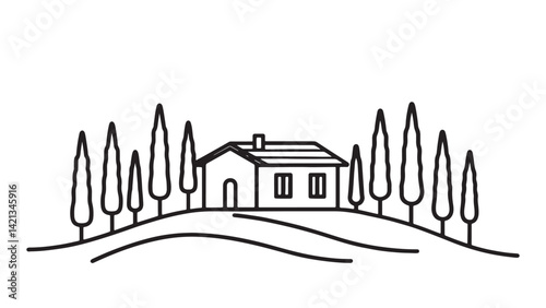Scenic view of an Italian countryside with cypress trees surrounding a charming house line art flat vector illustration