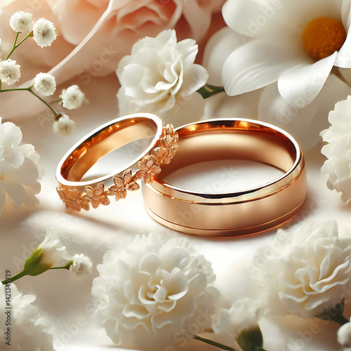 wedding rings on a bouquet of flowers
