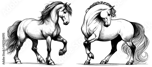 White horse pen ink style linework drawing sketch hand drawn vector illustration background