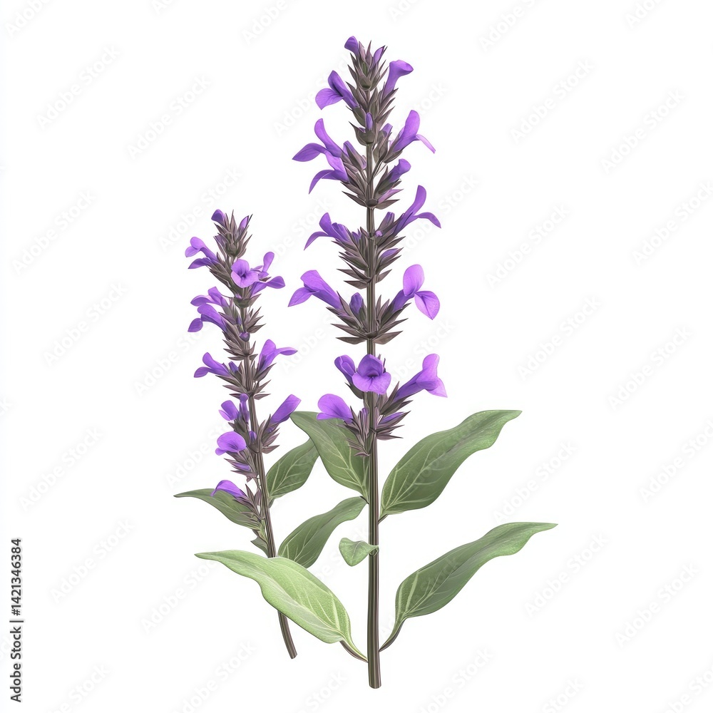 Obraz premium Two sprigs of vibrant purple sage blossoms against a white background.