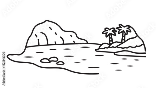 Secluded beach encircled by a cave, showcasing clear blue water and sandy shores line art flat vector illustration