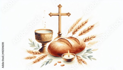 Watercolor eucharist illustration with chalice bread cross and wheat for religious design