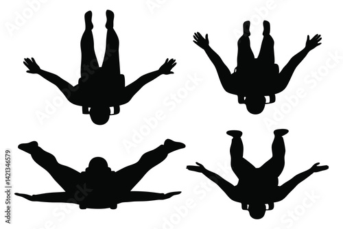 Skydiver silhouettes set isolated flat vector illustration on white background