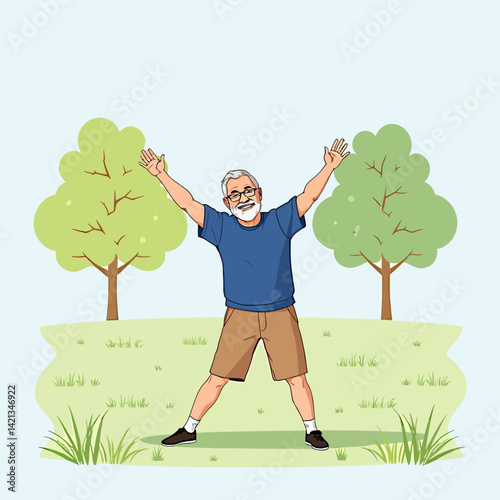 A joyful elderly man practices yoga on a bright green meadow, for symbolizing active longevity
