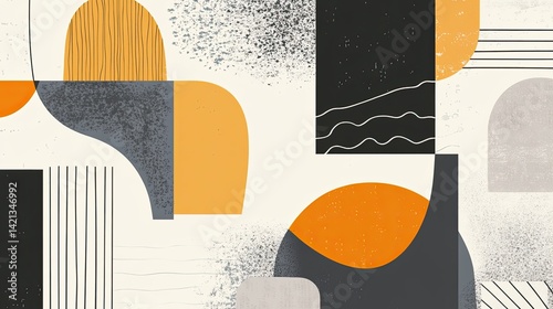 Abstract Geometric Composition in Orange, Black, and Gray Tones: A Mid-Century Modern Inspired Artwork