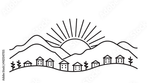 The sun sets behind a mountain range, illuminating a village in the foreground with vibrant colors line art flat vector illustration