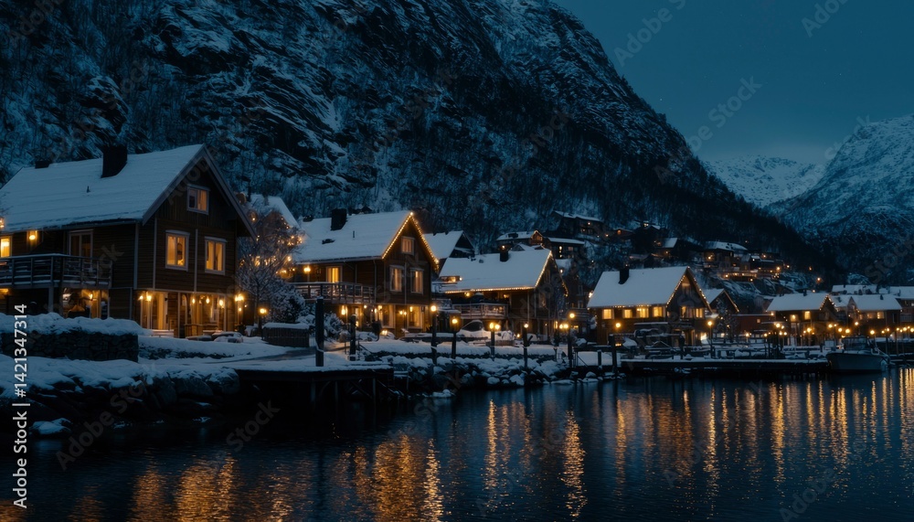 Fototapeta premium Snowy village by a fjord at night