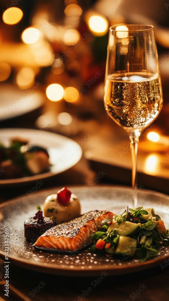 Gourmet Salmon Dinner: Pan-Seared Salmon with Mashed Potatoes, Salad, and a Glass of Sparkling Wine Festive Christmas Dinner Gourmet Salmon Dinner: Pan-Seared Salmon with Mashed Potatoes, Salad, and a Glass of Sparkling Wine Festive Christmas Dinner