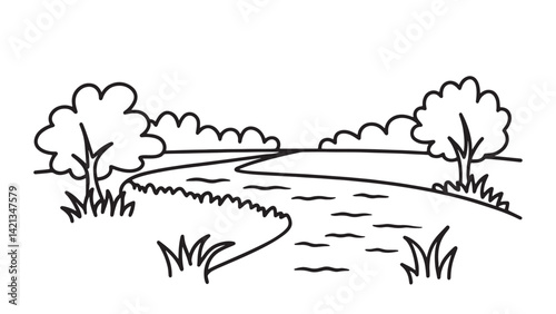 Tranquil river meanders through a verdant field, bordered by lush grass and trees, creating a peaceful natural scene line art flat vector illustration.