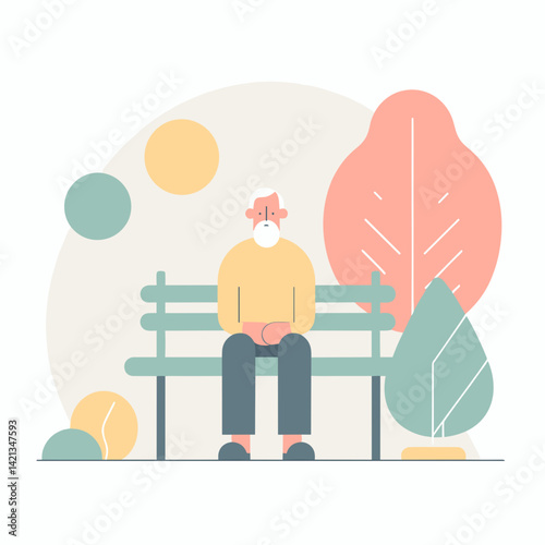 Old man sitting on a bench, looking contemplative in a park  