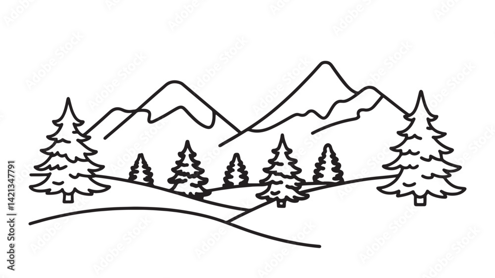 Obraz premium Tranquil winter scene featuring snow-laden trees and majestic mountains in the background line art flat vector illustration